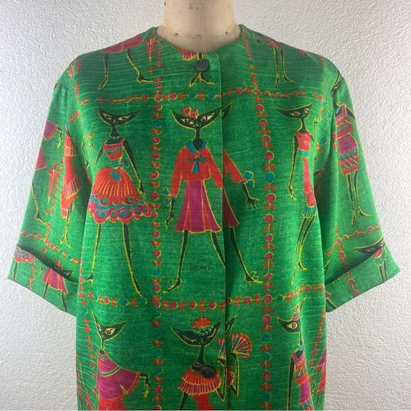 Vintage l 60s M Novelty Tribal Fashionista Kitty Black Cat Cuff Sleeve Blouse - Picture 2 of 16